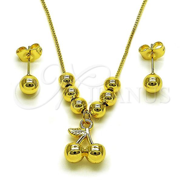 Oro Laminado Necklace and Earring, Gold Filled Style Cherry and Ball Design, Polished, Golden Finish, 06.417.0025