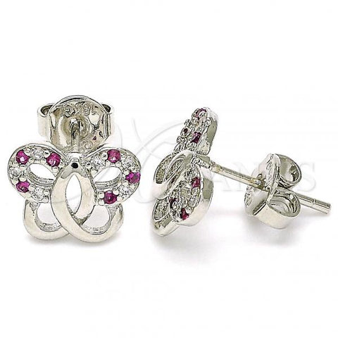 Rhodium Plated Stud Earring, Butterfly Design, with Ruby and White Micro Pave, Polished, Rhodium Finish, 02.233.0026.5