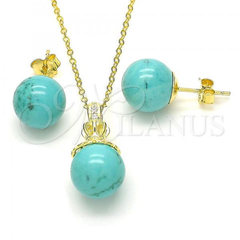 Sterling Silver Earring and Pendant Adult Set, Crown and Ball Design, with White Cubic Zirconia, Polished, Golden Finish, 10.63.0601