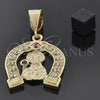 Oro Laminado Religious Pendant, Gold Filled Style Santa Barbara Design, with Ruby and White Cubic Zirconia, Golden Finish, 5.187.011