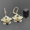Oro Laminado Dangle Earring, Gold Filled Style Flower Design, with White Cubic Zirconia, Polished, Golden Finish, 5.096.007
