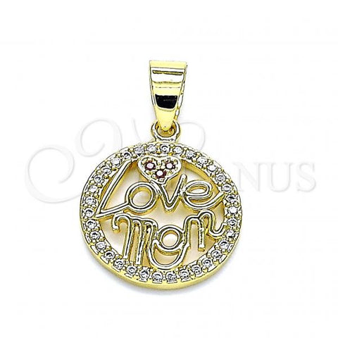 Oro Laminado Fancy Pendant, Gold Filled Style Mom and Love Design, with White and Ruby Micro Pave, Polished, Golden Finish, 05.102.0026