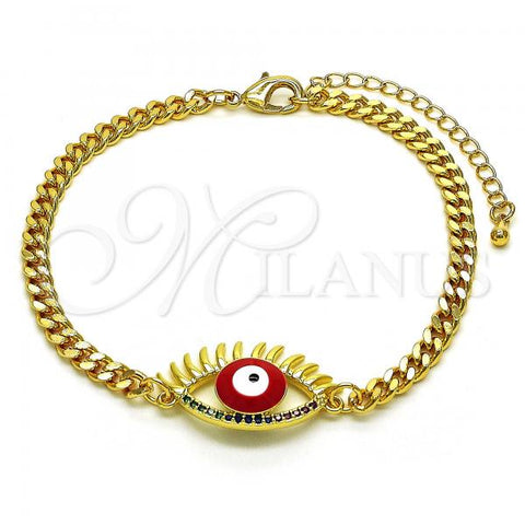 Oro Laminado Fancy Bracelet, Gold Filled Style Evil Eye Design, with Multicolor Micro Pave, Red Enamel Finish, Golden Finish, 03.341.0175.2.08