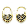 Oro Laminado Small Hoop, Gold Filled Style Lock and Heart Design, with Black Micro Pave, Polished, Golden Finish, 02.341.0056.4.12