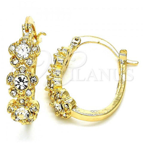 Oro Laminado Small Hoop, Gold Filled Style Flower Design, with White Crystal, Polished, Golden Finish, 02.100.0090.15