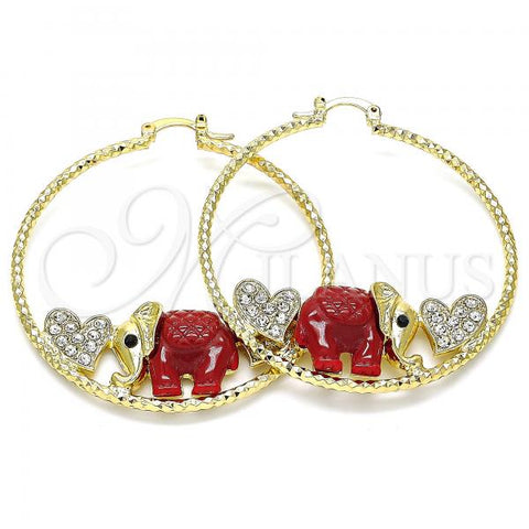Oro Laminado Large Hoop, Gold Filled Style Elephant and Heart Design, with White and Black Crystal, Red Resin Finish, Golden Finish, 02.380.0051.50