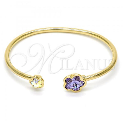 Oro Laminado Individual Bangle, Gold Filled Style Flower Design, with Tanzanite and Aurore Boreale Swarovski Crystals, Polished, Golden Finish, 07.239.0011.8 (02 MM Thickness, One size fits all)