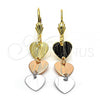 Oro Laminado Long Earring, Gold Filled Style Heart Design, Brushed Finish, Tricolor, 02.63.2177