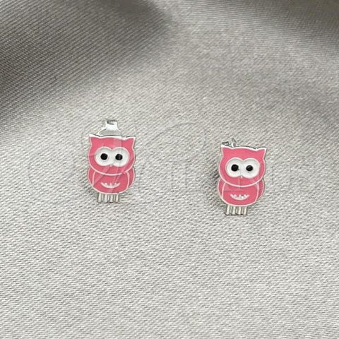 Sterling Silver Stud Earring, Owl Design, Pink Enamel Finish, Silver Finish, 02.406.0003.02