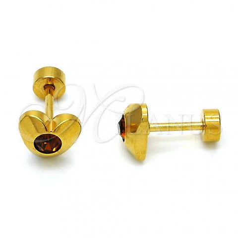 Stainless Steel Stud Earring, Heart Design, with Brown Crystal, Polished, Golden Finish, 02.271.0004.7