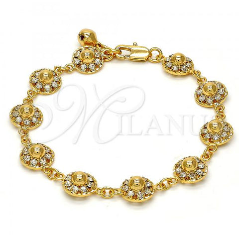 Gold Tone Fancy Bracelet, Flower and Rattle Charm Design, with White Crystal, Polished, Golden Finish, 03.270.0004.07.GT