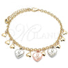 Oro Laminado Charm Anklet , Gold Filled Style Heart and Flower Design, Polished, Tricolor, 03.331.0058.10