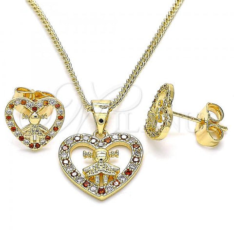 Oro Laminado Earring and Pendant Adult Set, Gold Filled Style Heart and Little Girl Design, with Garnet and White Micro Pave, Polished, Golden Finish, 10.156.0218.2