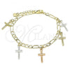 Oro Laminado Charm Bracelet, Gold Filled Style Crucifix Design, Polished, Tricolor, 03.351.0115.07