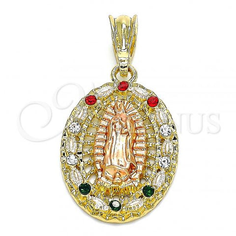 Oro Laminado Religious Pendant, Gold Filled Style Guadalupe Design, with Multicolor Crystal, Polished, Tricolor, 05.380.0045.1