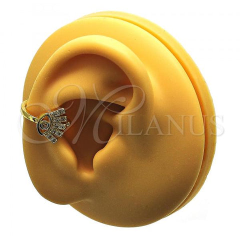 Oro Laminado Earcuff Earring, Gold Filled Style Evil Eye Design, with White Micro Pave, Polished, Golden Finish, 02.210.0728