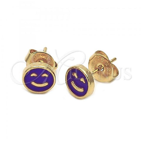 Oro Laminado Stud Earring, Gold Filled Style Smile Design, Purple Enamel Finish, Golden Finish, 02.64.0316 *PROMO*