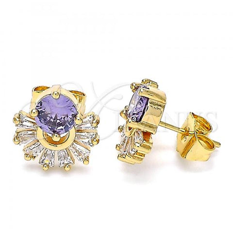 Oro Laminado Stud Earring, Gold Filled Style with Amethyst and White Cubic Zirconia, Polished, Golden Finish, 02.387.0018.1
