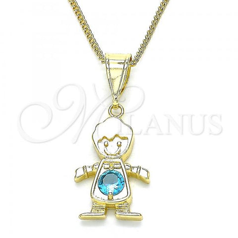 Oro Laminado Pendant Necklace, Gold Filled Style Little Boy Design, with Aqua Blue Cubic Zirconia, Polished, Golden Finish, 04.253.0014.20
