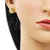 Oro Laminado Stud Earring, Gold Filled Style Star and Flower Design, Diamond Cutting Finish, Golden Finish, 02.342.0275