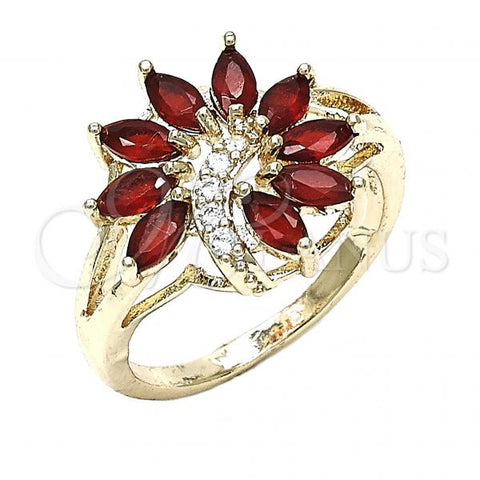 Oro Laminado Multi Stone Ring, Gold Filled Style Flower Design, with Ruby and White Cubic Zirconia, Polished, Golden Finish, 01.210.0097.1.06 (Size 6)