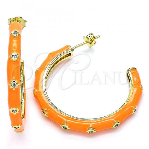 Oro Laminado Stud Earring, Gold Filled Style Star Design, with White Cubic Zirconia, Orange Enamel Finish, Golden Finish, 02.362.0005