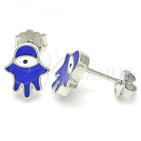 Sterling Silver Stud Earring, Hand of God Design, Blue Enamel Finish, Rhodium Finish, 02.336.0161