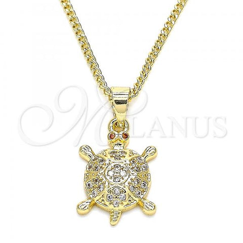 Oro Laminado Pendant Necklace, Gold Filled Style Turtle Design, with White and Garnet Micro Pave, Polished, Golden Finish, 04.344.0027.20