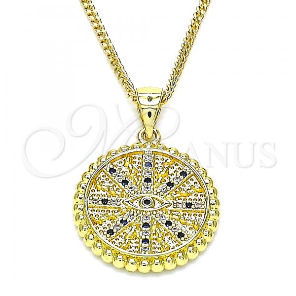 Oro Laminado Pendant Necklace, Gold Filled Style Evil Eye Design, with Sapphire Blue and White Micro Pave, Polished, Golden Finish, 04.341.0064.2.20