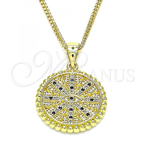 Oro Laminado Pendant Necklace, Gold Filled Style Evil Eye Design, with Sapphire Blue and White Micro Pave, Polished, Golden Finish, 04.341.0064.2.20