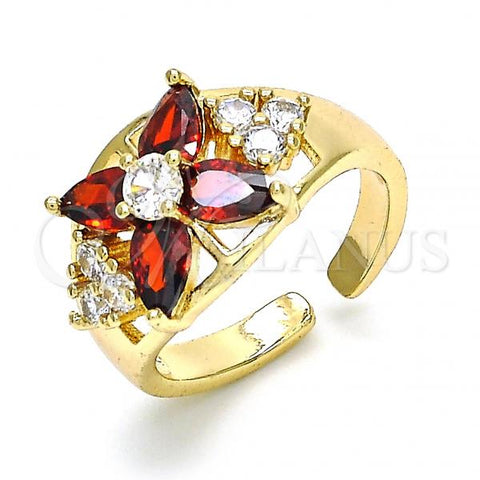 Oro Laminado Multi Stone Ring, Gold Filled Style Flower Design, with Garnet and White Cubic Zirconia, Polished, Golden Finish, 01.210.0081 (One size fits all)