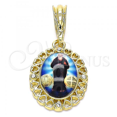 Oro Laminado Religious Pendant, Gold Filled Style San Benito and Heart Design, with White Crystal, Polished, Golden Finish, 05.380.0142