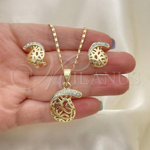 Oro Laminado Earring and Pendant Adult Set, Gold Filled Style with White Crystal, Polished, Golden Finish, 10.160.0092