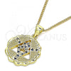 Oro Laminado Pendant Necklace, Gold Filled Style Hand of God Design, with Sapphire Blue and White Micro Pave, Polished, Golden Finish, 04.341.0065.2.20