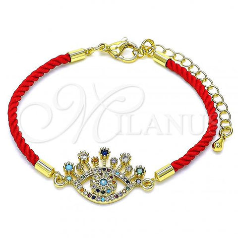 Oro Laminado Fancy Bracelet, Gold Filled Style Evil Eye Design, with Multicolor Cubic Zirconia and Multicolor Micro Pave, Polished, Golden Finish, 03.381.0018.06