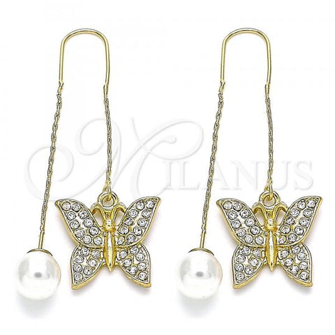 Oro Laminado Threader Earring, Gold Filled Style Butterfly Design, with White Crystal, Polished, Golden Finish, 02.380.0068