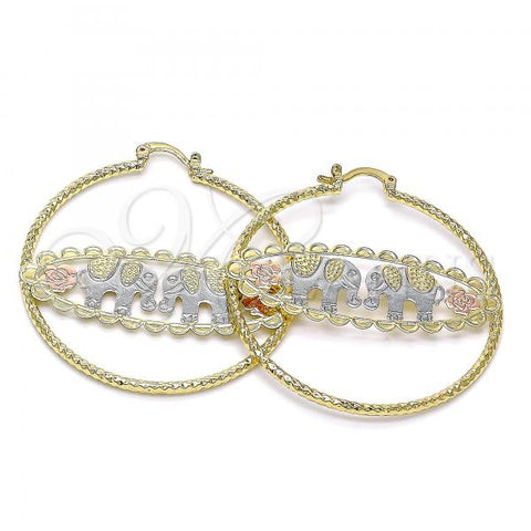 Oro Laminado Large Hoop, Gold Filled Style Elephant and Flower Design, Diamond Cutting Finish, Tricolor, 02.380.0094.50