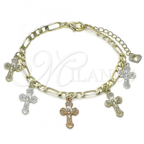 Oro Laminado Charm Bracelet, Gold Filled Style Crucifix Design, Polished, Tricolor, 03.351.0150.07