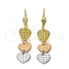 Oro Laminado Long Earring, Gold Filled Style Heart Design, Diamond Cutting Finish, Tricolor, 02.63.2169