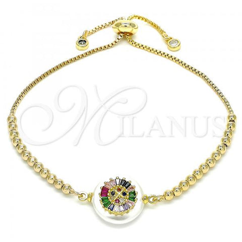 Oro Laminado Adjustable Bolo Bracelet, Gold Filled Style Cross Design, with Green and Multicolor Cubic Zirconia, Polished, Golden Finish, 03.63.2105.1.10