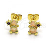 Oro Laminado Stud Earring, Gold Filled Style Teddy Bear Design, with Rose Water Opal and Ruby Cubic Zirconia, Polished, Golden Finish, 02.210.0767