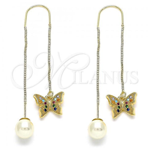 Oro Laminado Threader Earring, Gold Filled Style Butterfly Design, with Multicolor Micro Pave, Polished, Golden Finish, 02.210.0543.1
