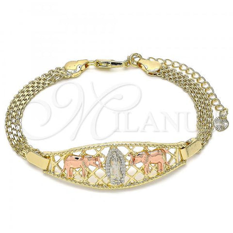 Oro Laminado Fancy Bracelet, Gold Filled Style Guadalupe and Elephant Design, Polished, Tricolor, 03.380.0025.07
