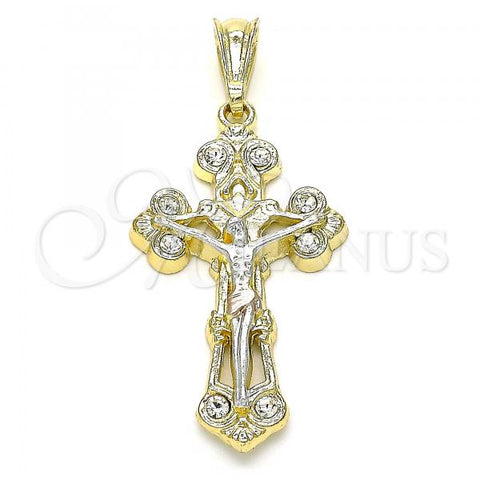 Oro Laminado Religious Pendant, Gold Filled Style Crucifix Design, with White Crystal, Polished, Tricolor, 05.351.0026.1