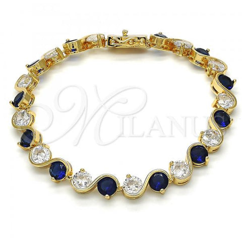 Oro Laminado Tennis Bracelet, Gold Filled Style with Sapphire Blue and White Cubic Zirconia, Polished, Golden Finish, 03.210.0068.4.08
