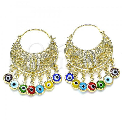 Oro Laminado Long Earring, Gold Filled Style Guadalupe and Evil Eye Design, Multicolor Resin Finish, Golden Finish, 02.380.0056