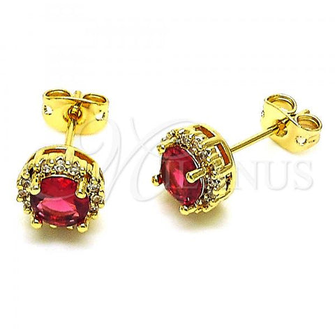 Oro Laminado Stud Earring, Gold Filled Style Cluster Design, with Ruby Cubic Zirconia and White Micro Pave, Polished, Golden Finish, 02.342.0106.3