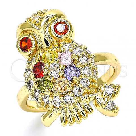 Oro Laminado Multi Stone Ring, Gold Filled Style Owl Design, with Multicolor Cubic Zirconia, Polished, Golden Finish, 01.210.0091.1.07 (Size 7)