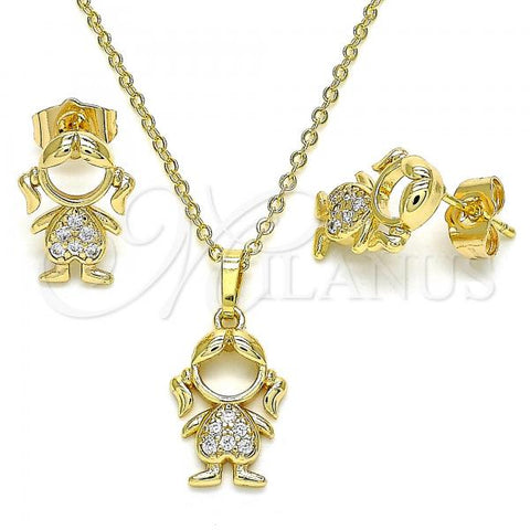 Oro Laminado Earring and Pendant Adult Set, Gold Filled Style Little Girl Design, with White Micro Pave, Polished, Golden Finish, 10.210.0151