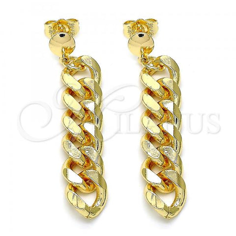 Oro Laminado Long Earring, Gold Filled Style Miami Cuban Design, Polished, Golden Finish, 02.63.2734